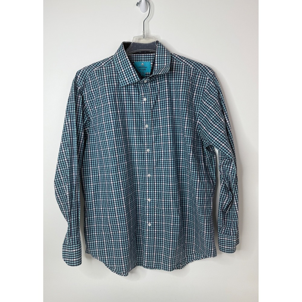 Christian Aujard Paris Mens 2XLT Button Up Shirt Gingham Blue Green‎